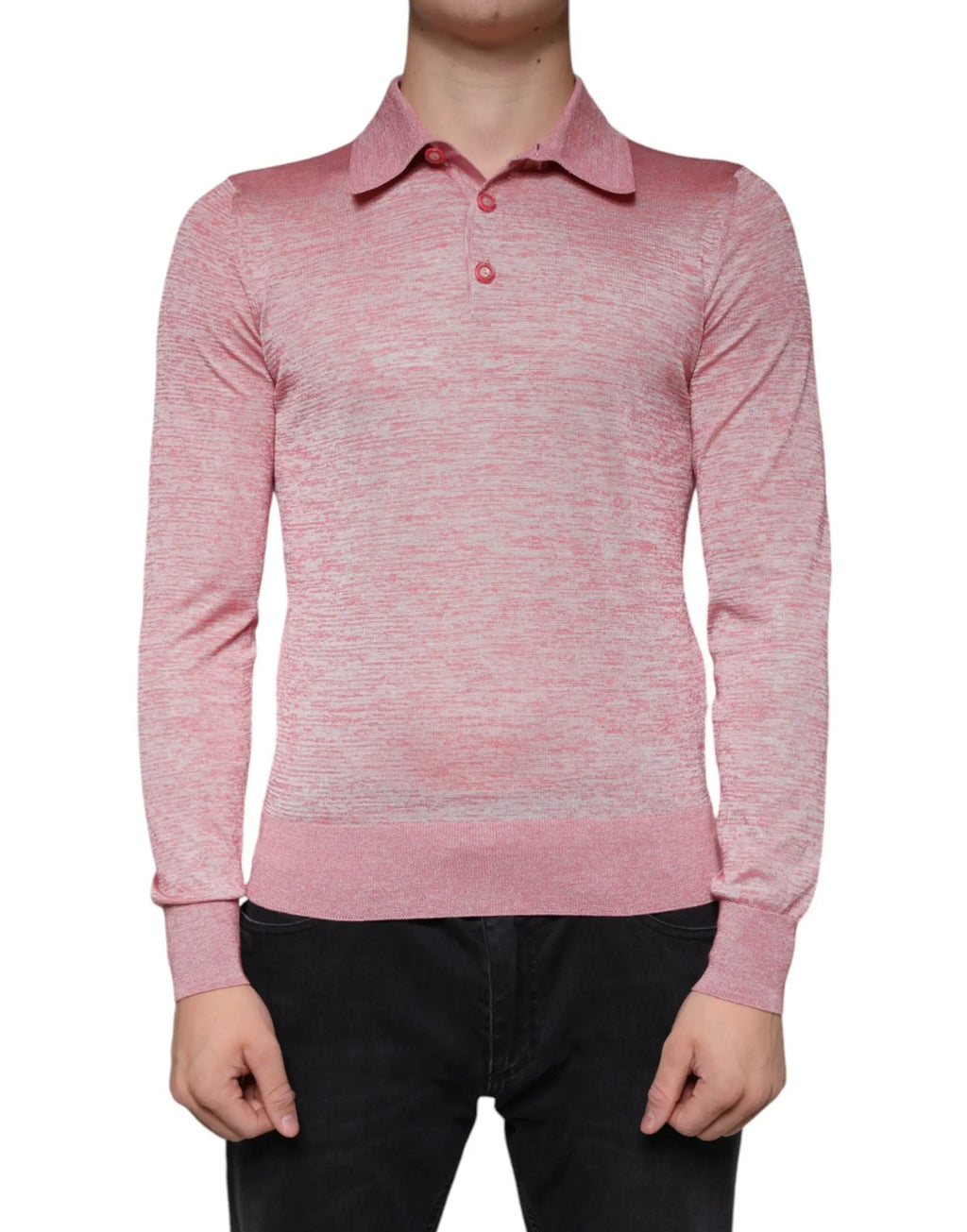 Dolce & gabbana polo homme en polyester rose doux à manches longues avec texture chinée subtile et fermeture par boutons