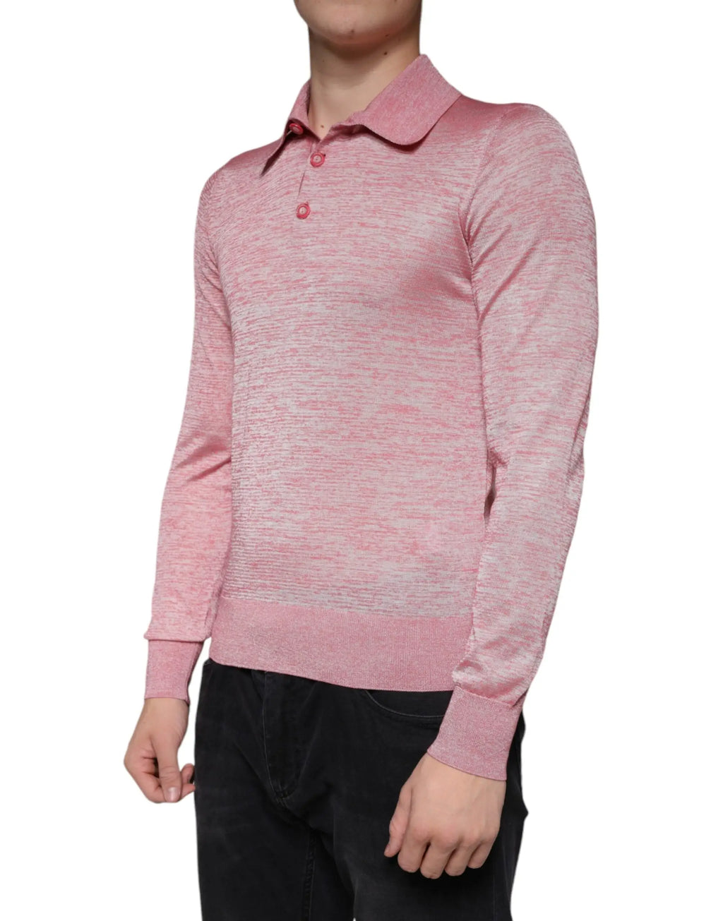 Dolce & gabbana polo homme en polyester rose doux manches longues avec texture marbrée et col boutonné assorti