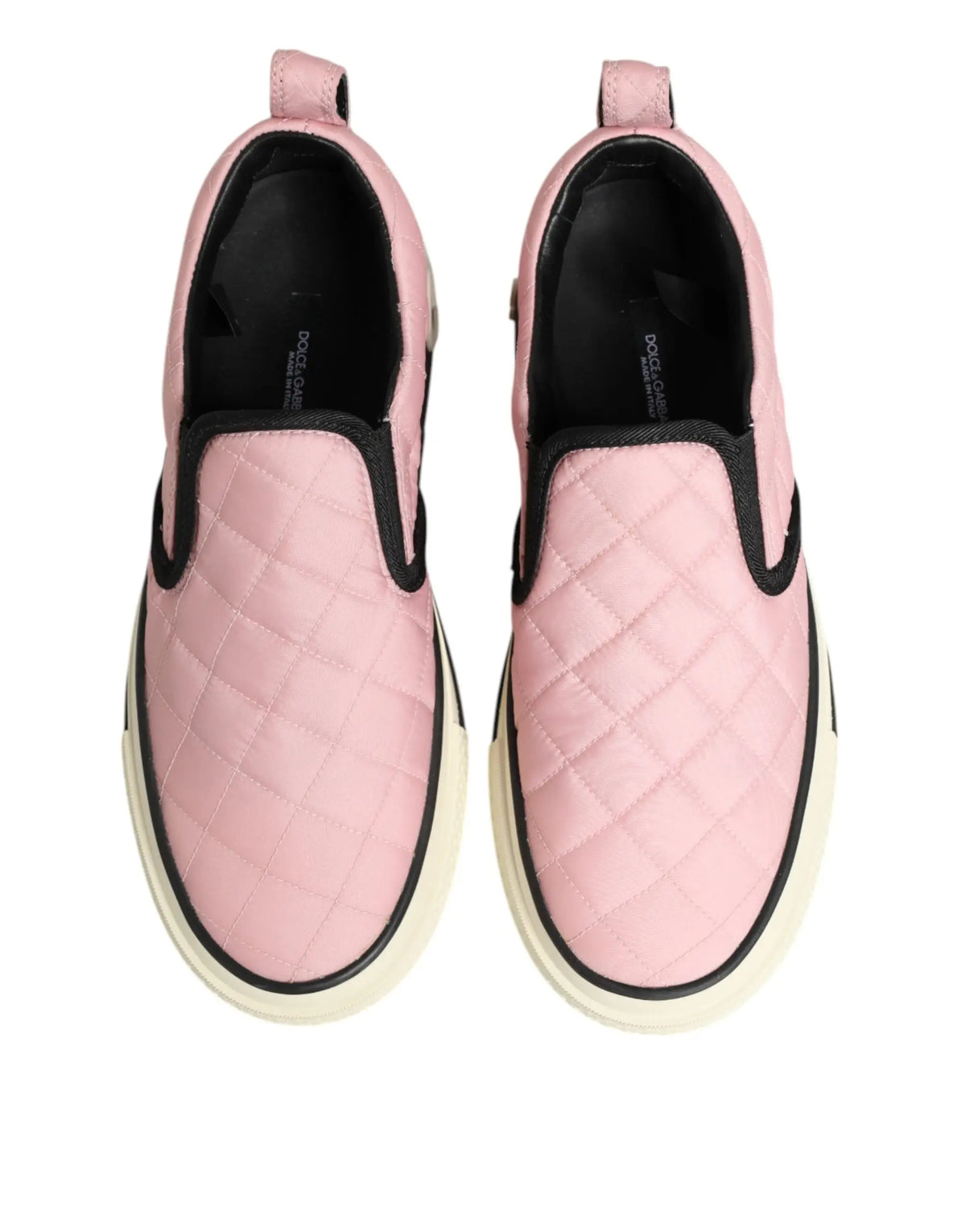 Dolce & gabbana baskets sans lacets en nylon matelassé rose avec bordure noire et semelle blanche