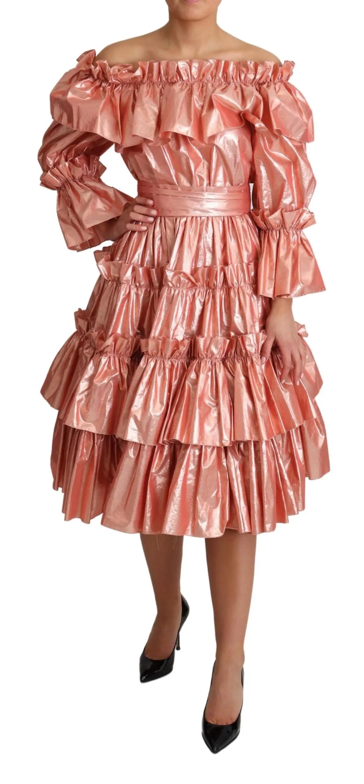 Robe dain rose gold doux et gabanna en coton soie avec volants épaules dénudées et ceinture satinée