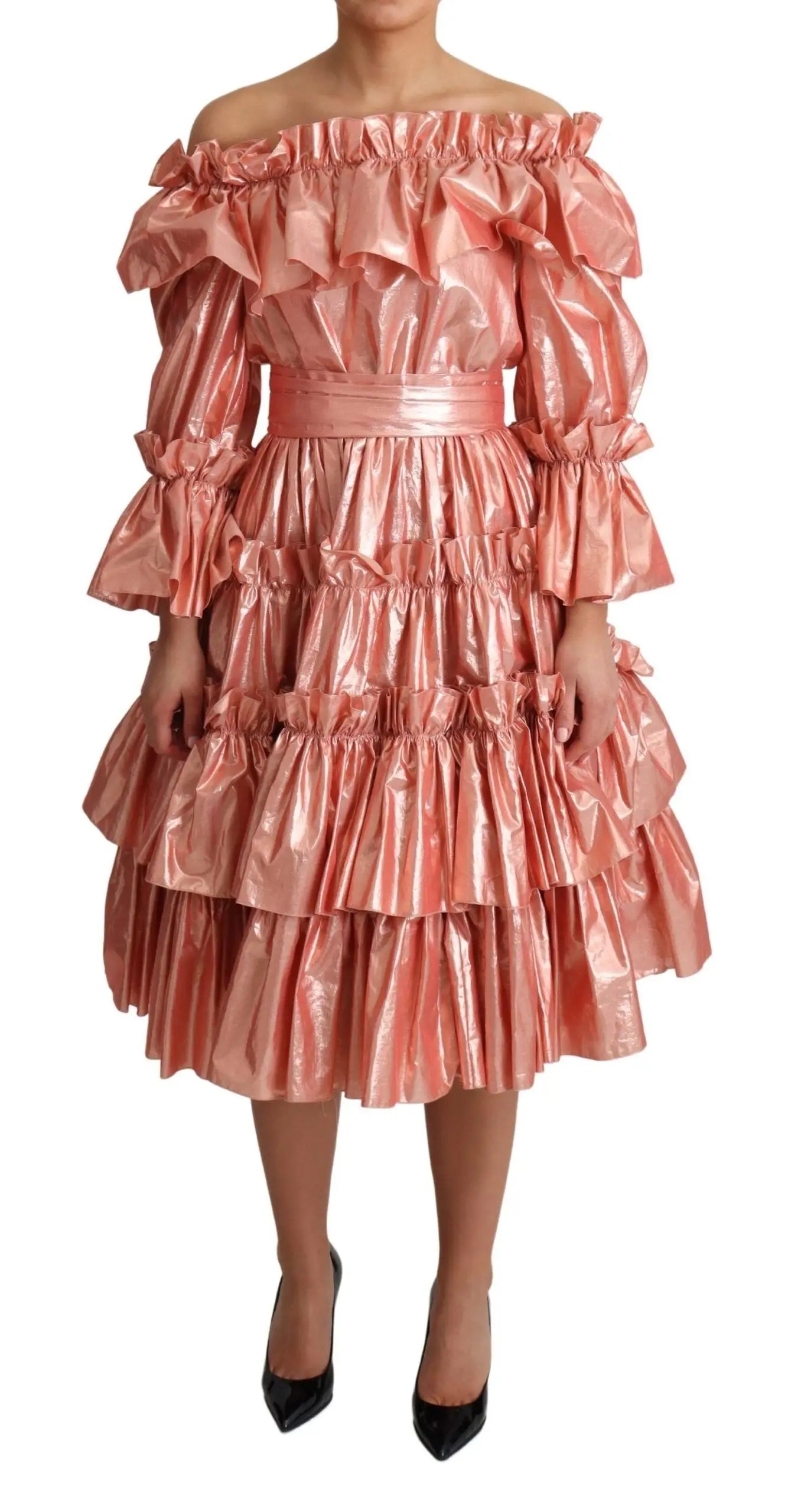 Robe rose gold métallisée avec épaules dénudées, volants volumineux et manches ballon en soie et coton de Dolce & Gabbana
