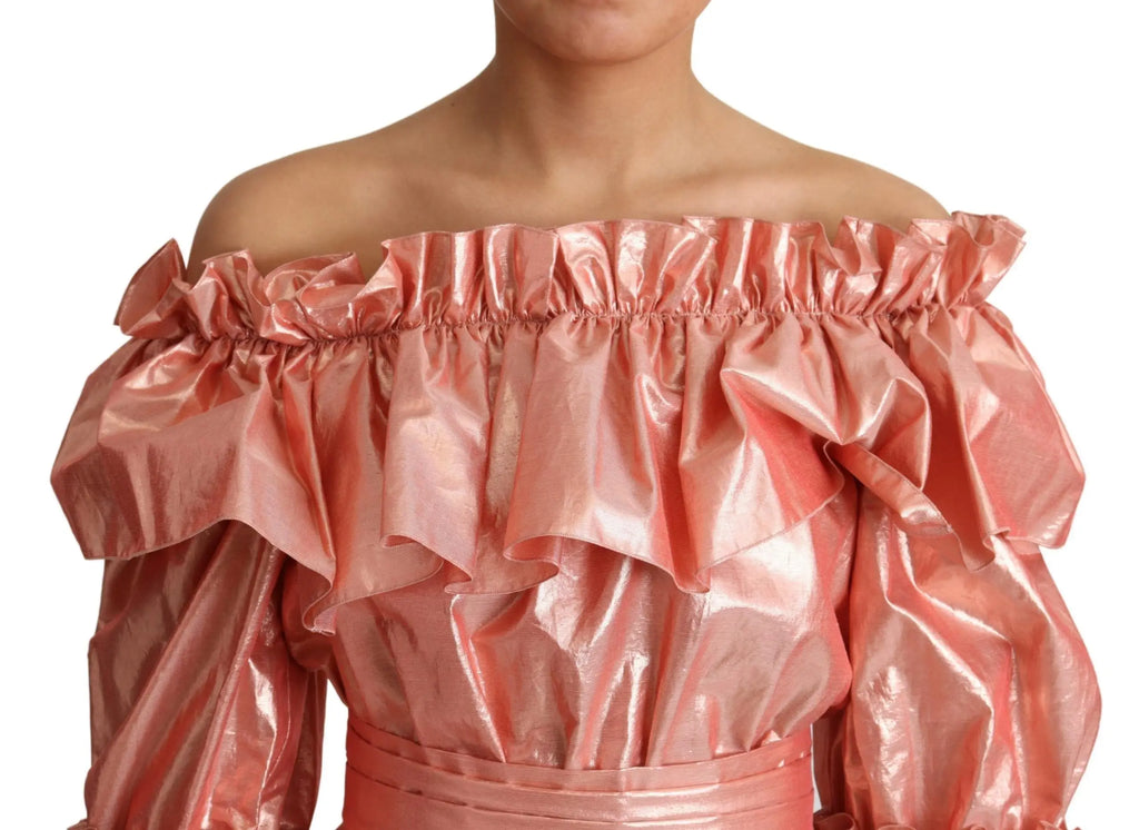 Robe rose gold scintillante dolce et gabbana en soie et coton avec volants superposés et taille cintrée bustier