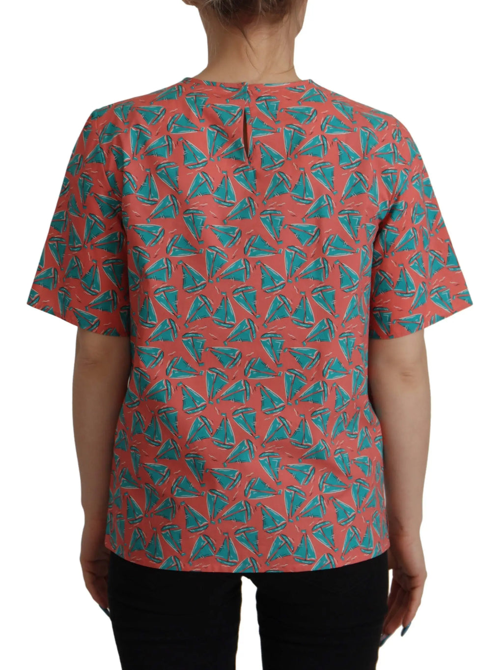 Blouse courte corail à manches courtes dolce & gabbana en coton avec motif répétitif de voiliers bleu sarcelle