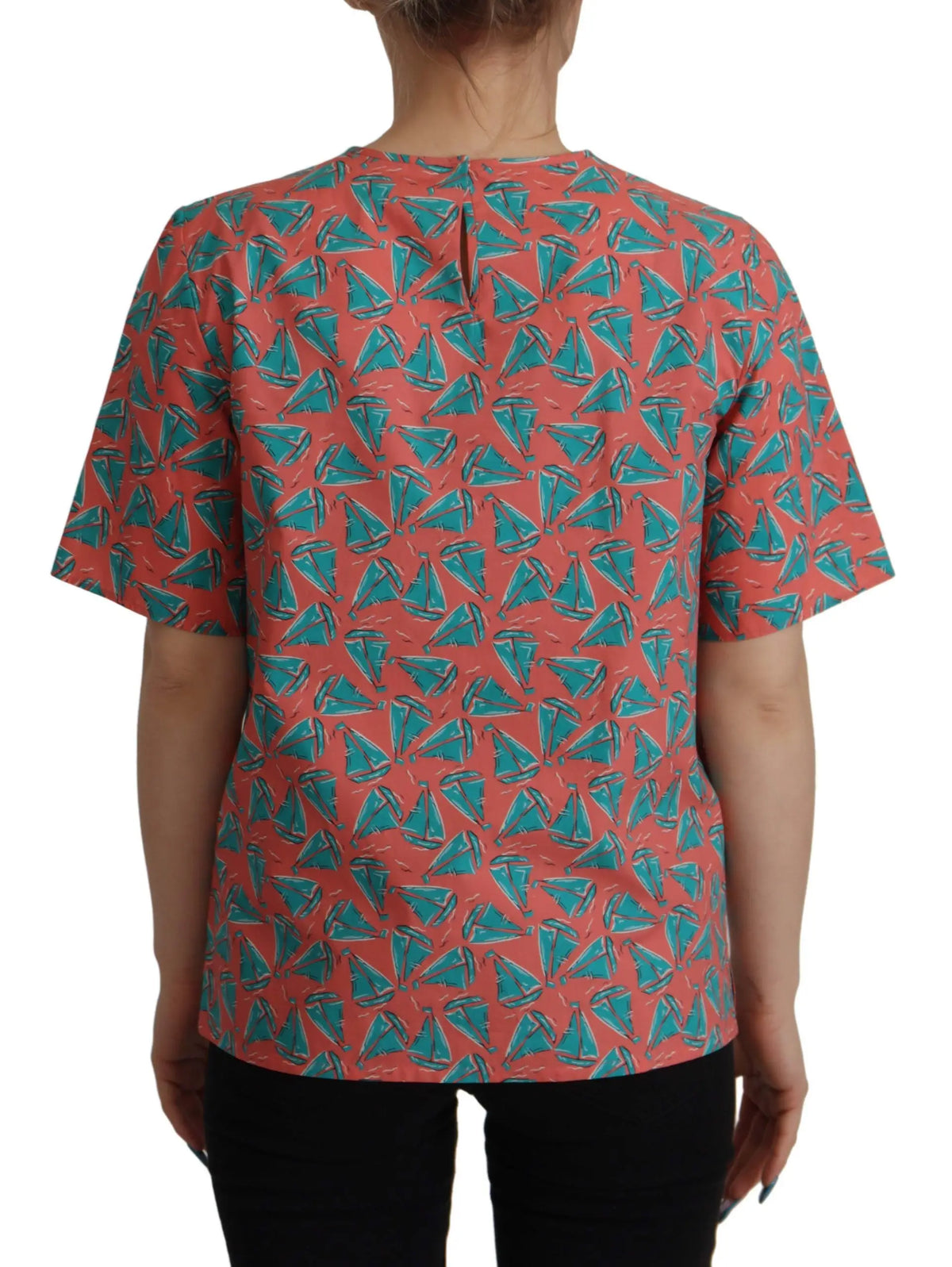 Blouse courte corail à manches courtes dolce & gabbana en coton avec motif répétitif de voiliers bleu sarcelle
