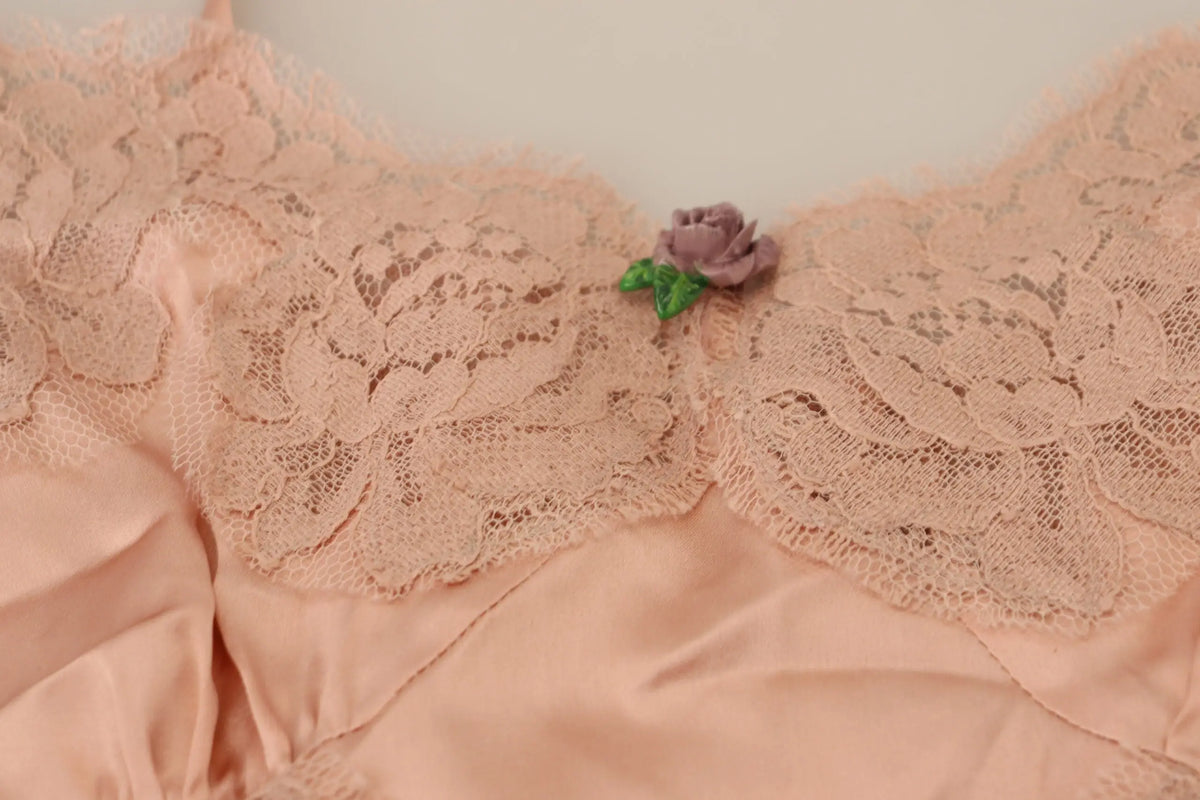 Dolce & gabbana pink satin lace roses tank top lingerie avec bralette en dentelle pêche et broche rose mauve délicate
