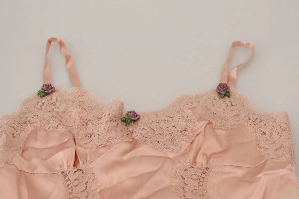 Débardeur dolce & gabbana en satin rose pêche délicat avec bordure en dentelle et broderies petites roses