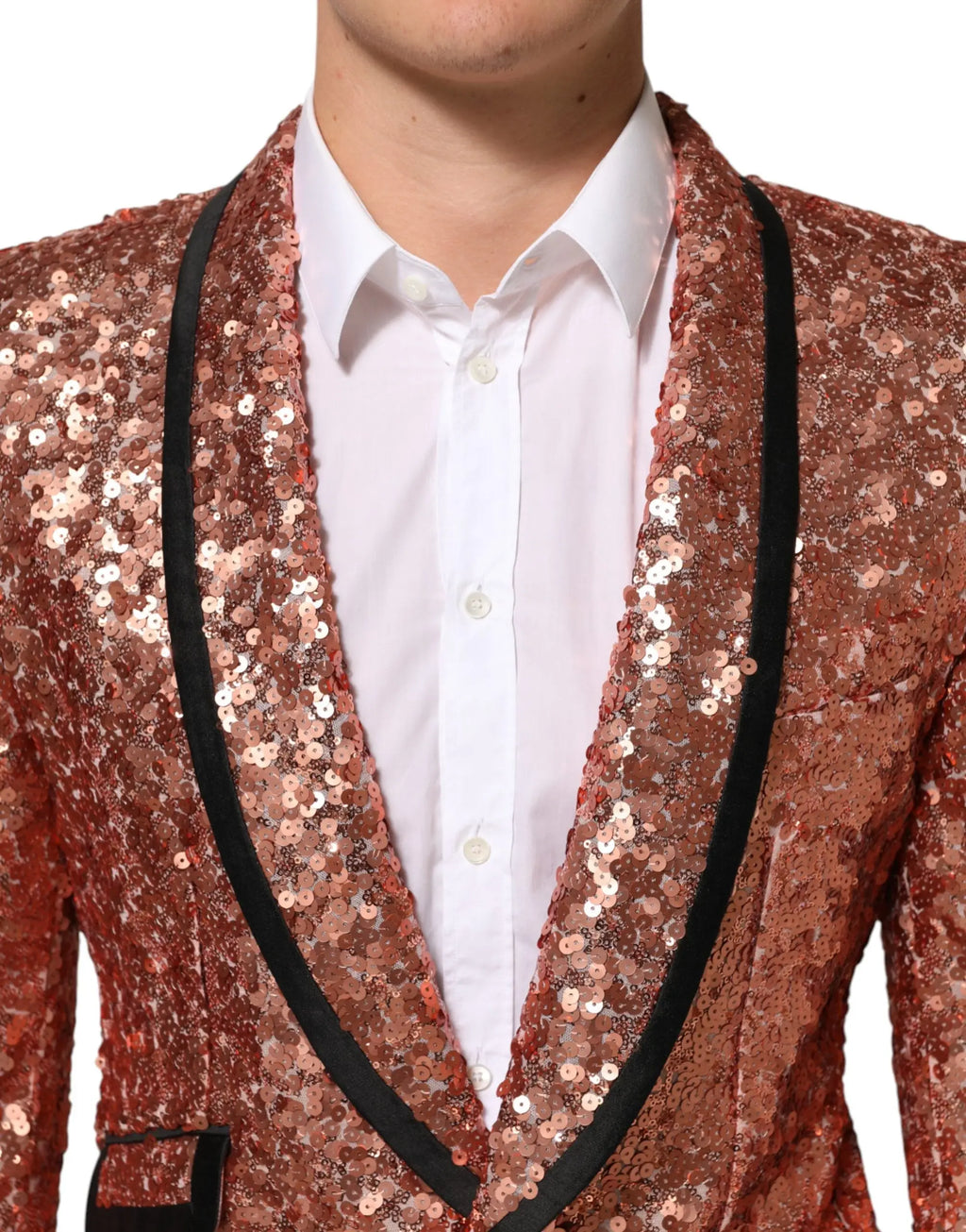 Dolce & Gabbana blazer homme en sequins rose gold avec revers en satin noir style sicilia 1 bouton