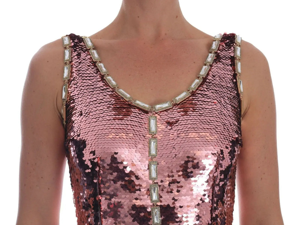 Robe fourreau rose gold sequins avec décolleté en v et rangée centrale de cristaux de dolce gabbana