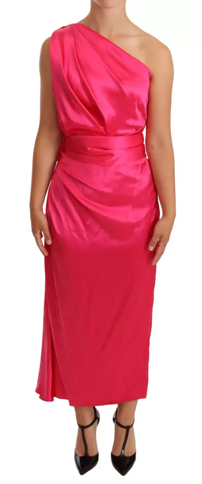 Robe midi fuchsia en satin à une épaule avec ceinture drapée et fente latérale dolce & gabbana en soie