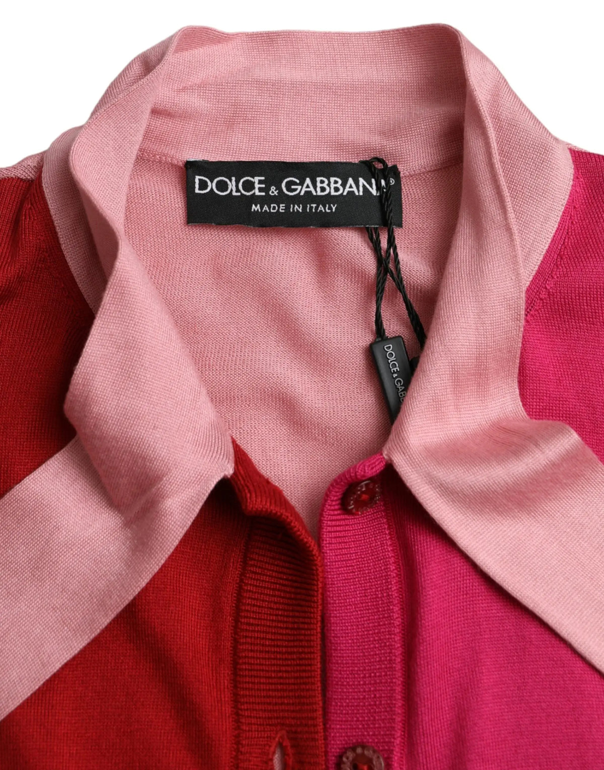 Cardigan dolce & gabbana à manches courtes rose vibrant avec col ascot en maille douce effet color block rouge et rose