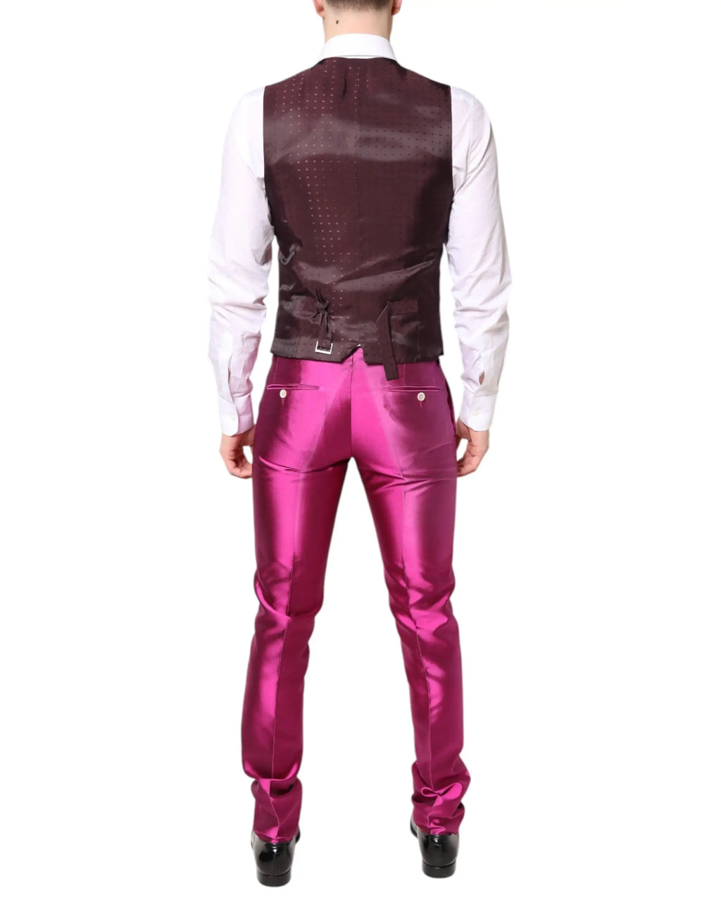 Dolce & gabbana pink sicilia costume 3 pièces en satin magenta brillant avec gilet assorti et pantalon slim fit