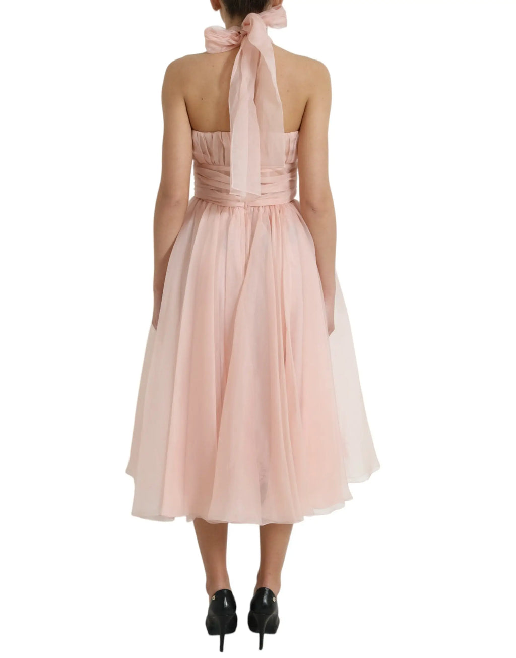 Robe midi plissée a ligne en mousseline de soie rose dolce gabbana avec dos délicat et ruban noué
