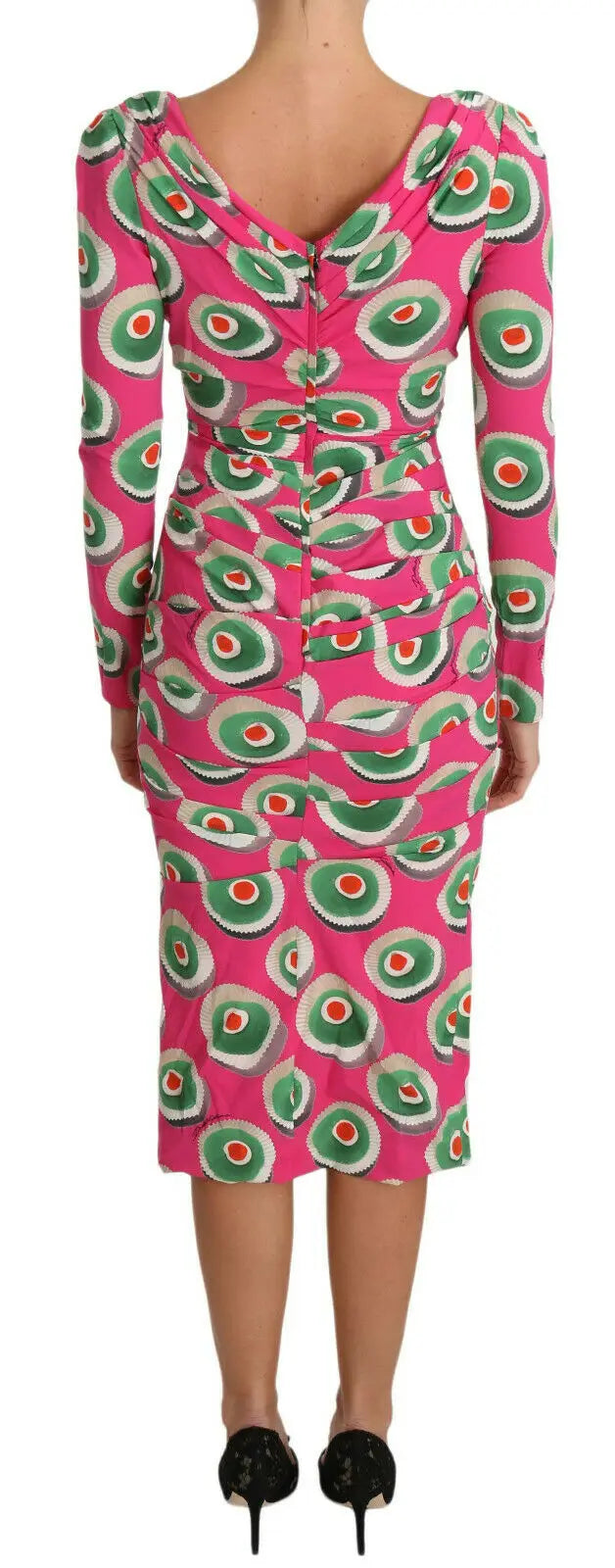 Dolce & gabbana robe midi rose en soie stretch avec motif paon coloré et dos froncé manches longues vue arrière