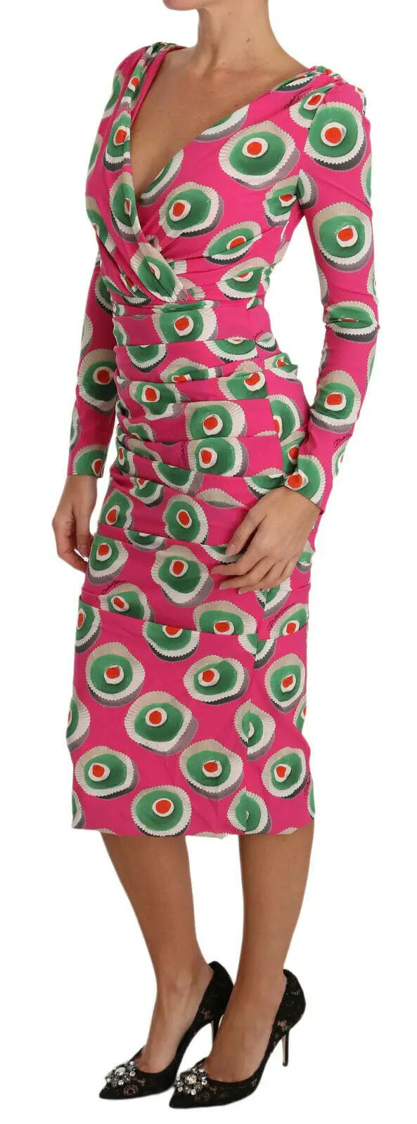 Robe midi rose dolce & gabbana en soie avec motif concentrique vert blanc et orange coupe ajustée manches longues