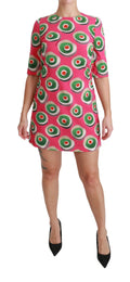 Robe droite dolce & gabbana en soie rose avec motif audacieux de cercles concentriques verts et blancs manches trois quarts