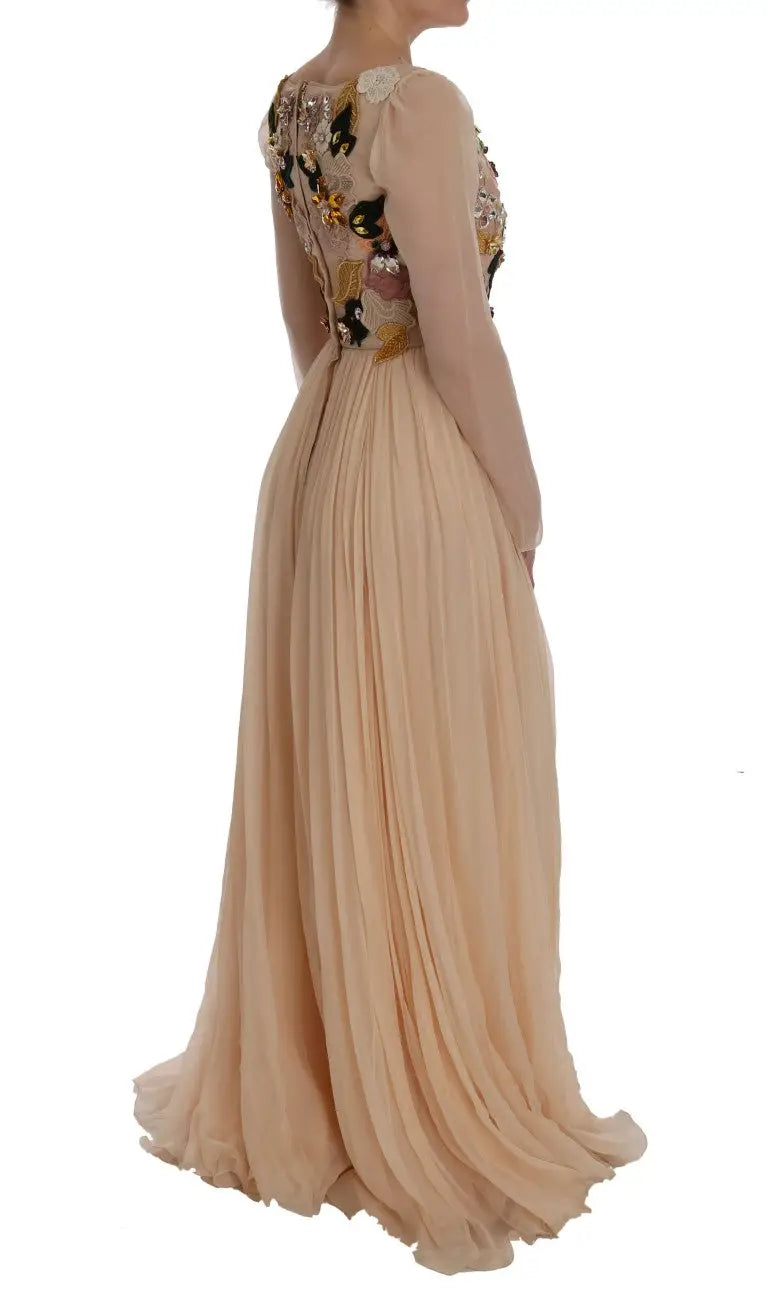 Beige dolce & gabbana long-sleeved silk gown with intricate floral crystal embroidery on the back
