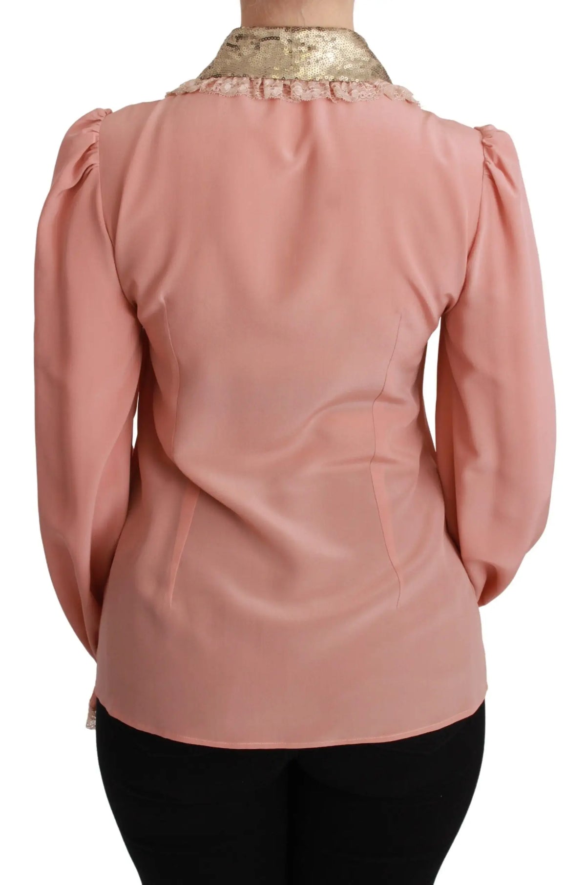 Blouse dolce & gabbana rose en satin soyeux avec manches bouffantes et col en sequins dorés