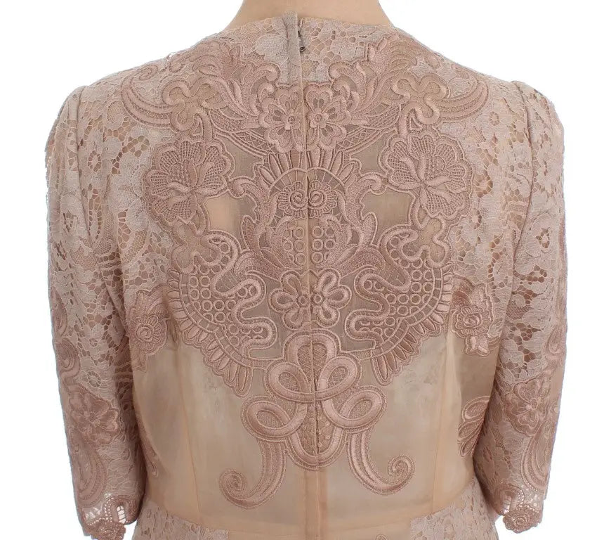 Robe beige délicate en dentelle avec broderie florale et empiècement transparent au dos dolce gabbana