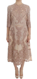Robe midi en dentelle beige délicate avec motifs floraux et manches trois-quarts dolce & gabbana en soie rose