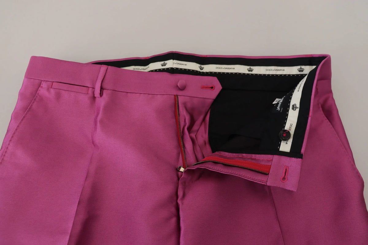 Pantalon habillé slim en soie rose fuchsia pour homme dolce & gabbana en tissu satiné avec doublure noire logo couronne