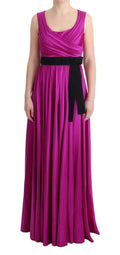 Dolce & gabbana robe longue rose en soie stretch avec corsage drapé et ceinture satin noir nouée en nœud