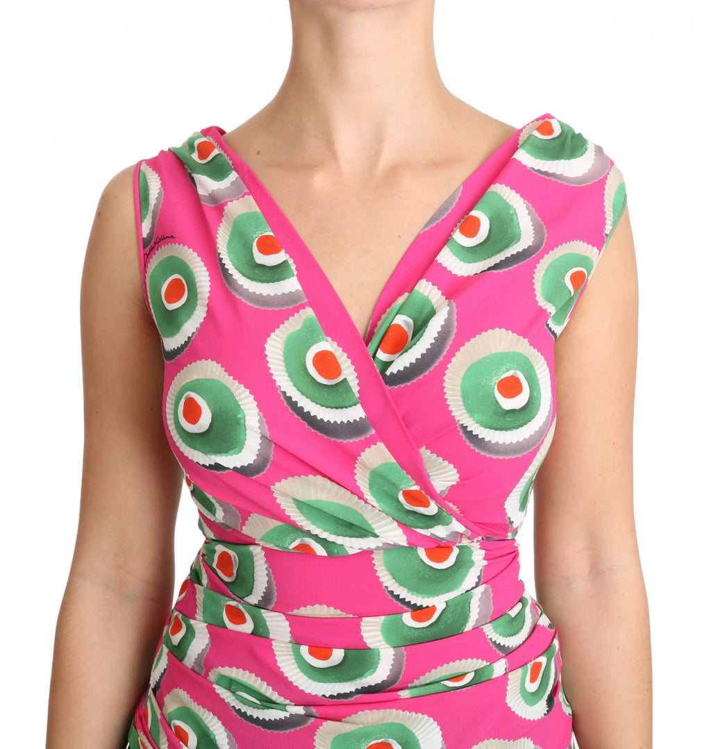 Robe sans manches rose vibrant en soie stretch dolce & gabbana avec motifs circulaires verts blancs et centres orange