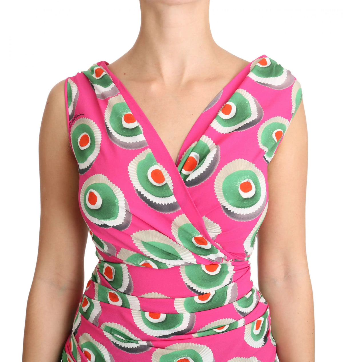 Robe sans manches rose vibrant en soie stretch dolce & gabbana avec motifs circulaires verts blancs et centres orange