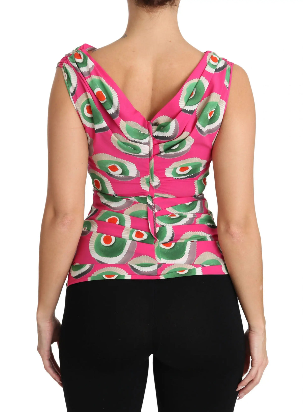 Top sans manches rose vibrant dolce & gabbana en soie stretch avec motif géométrique et détails froncés au dos