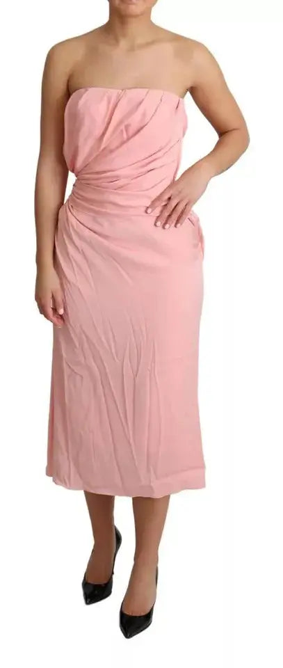 Robe midi rose douce sans bretelles en soie stretch avec corsage drapé et froncé dolce & gabbana