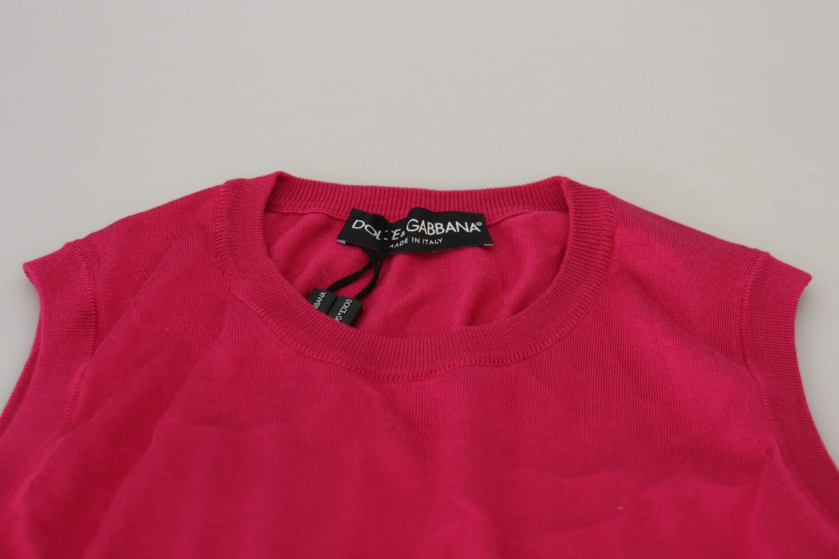 Top sans manches dolce gabbana rose vif en soie tricotée à texture côtelée et col rond classique