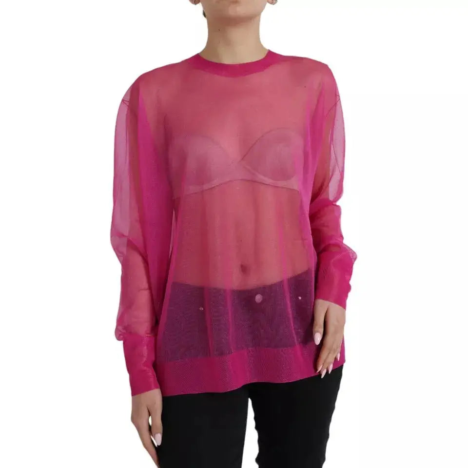 Dolce & gabbana top transparent rose vif à manches longues avec ourlet magenta uni et détails scintillants subtils