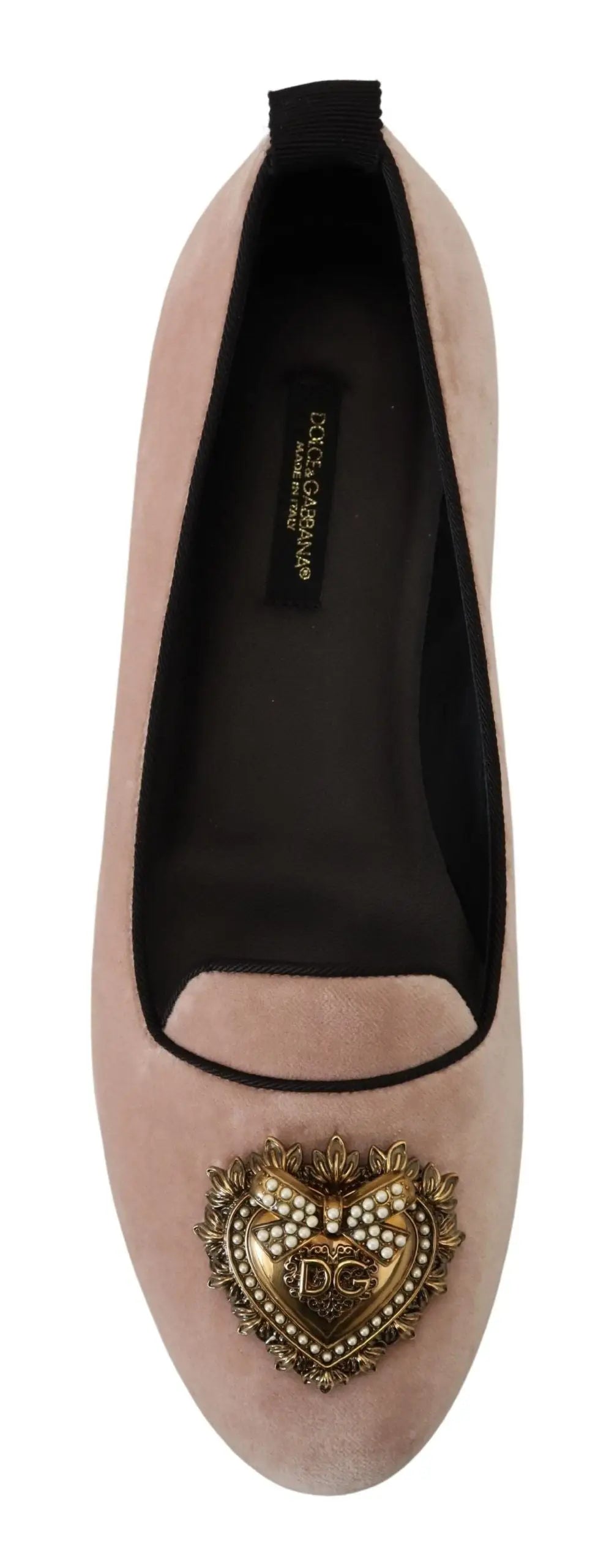 Flats dolce & gabbana en velours rose avec ornement cœur doré et perles avec logo dg
