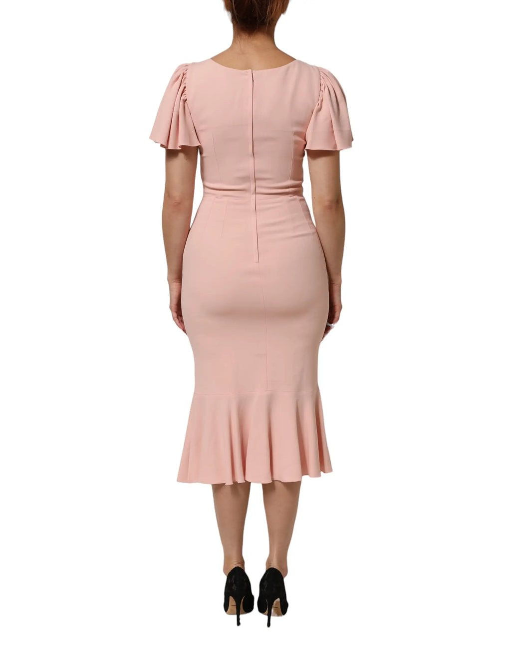 Robe midi fourreau évasée en viscose rose douce avec manches courtes bouffantes et taille cintrée dolce & gabbana