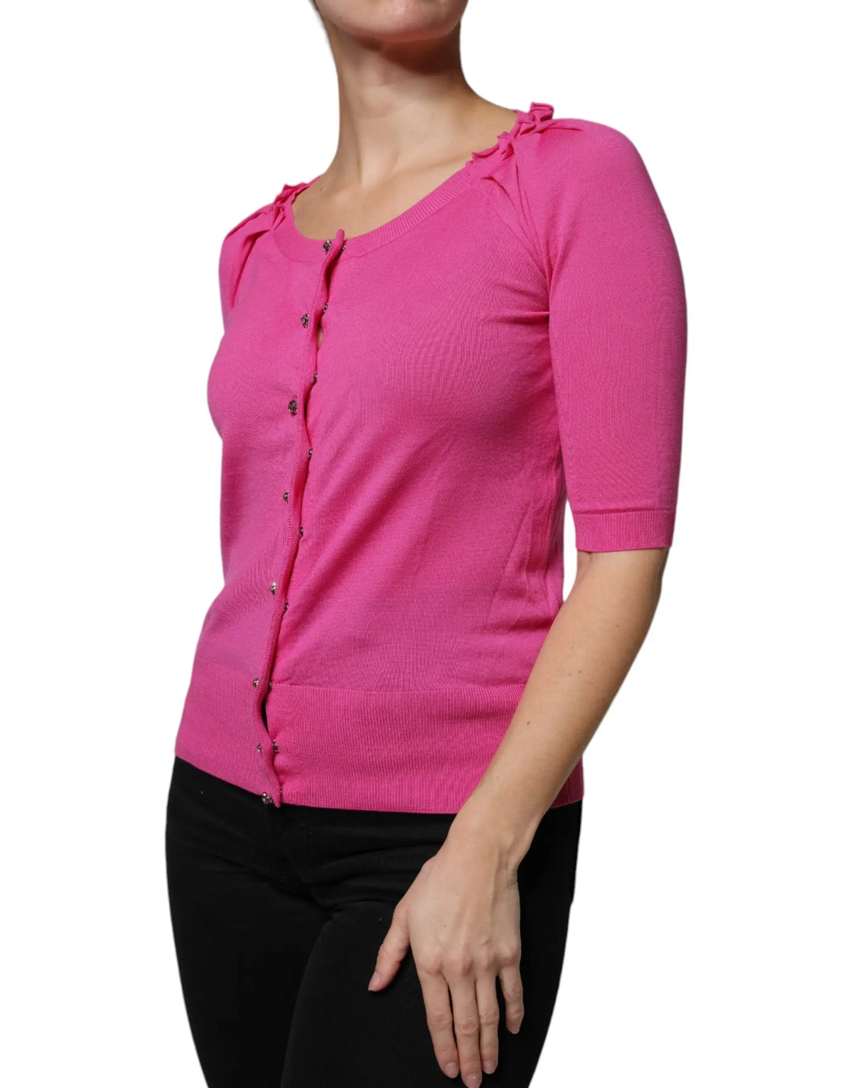 Cardigan dolce & gabbana rose vif en laine avec manches courtes côtelées et liens volantés aux épaules