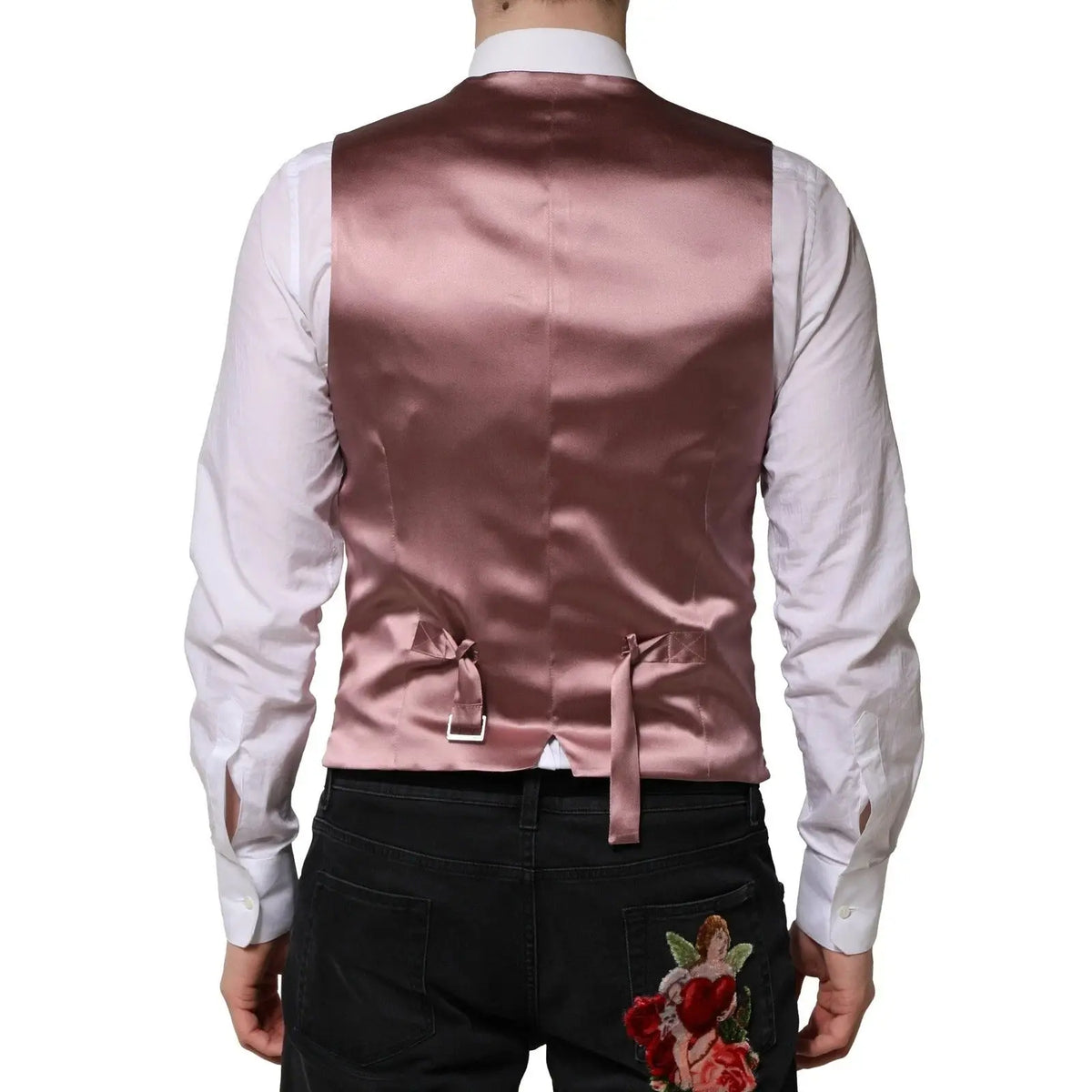 Dolce & gabbana pink wool dress formal men waistcoat vest en satin rose gold avec un subtil éclat et liens élégants au dos