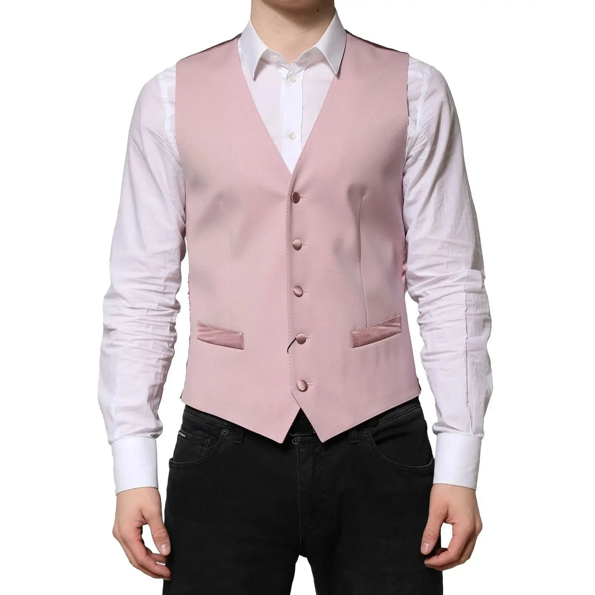 Dolce & gabbana pink wool dress formal men waistcoat vest en satin rose clair avec boutons assortis et poches discrètes