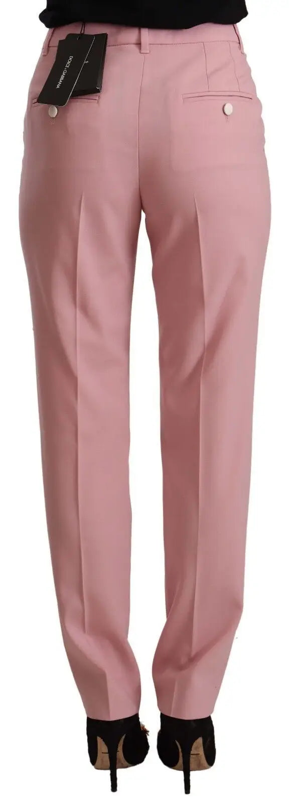 Pantalon dolce & gabbana taille haute en laine stretch rose vu de dos avec coupe droite élégante et plis subtils