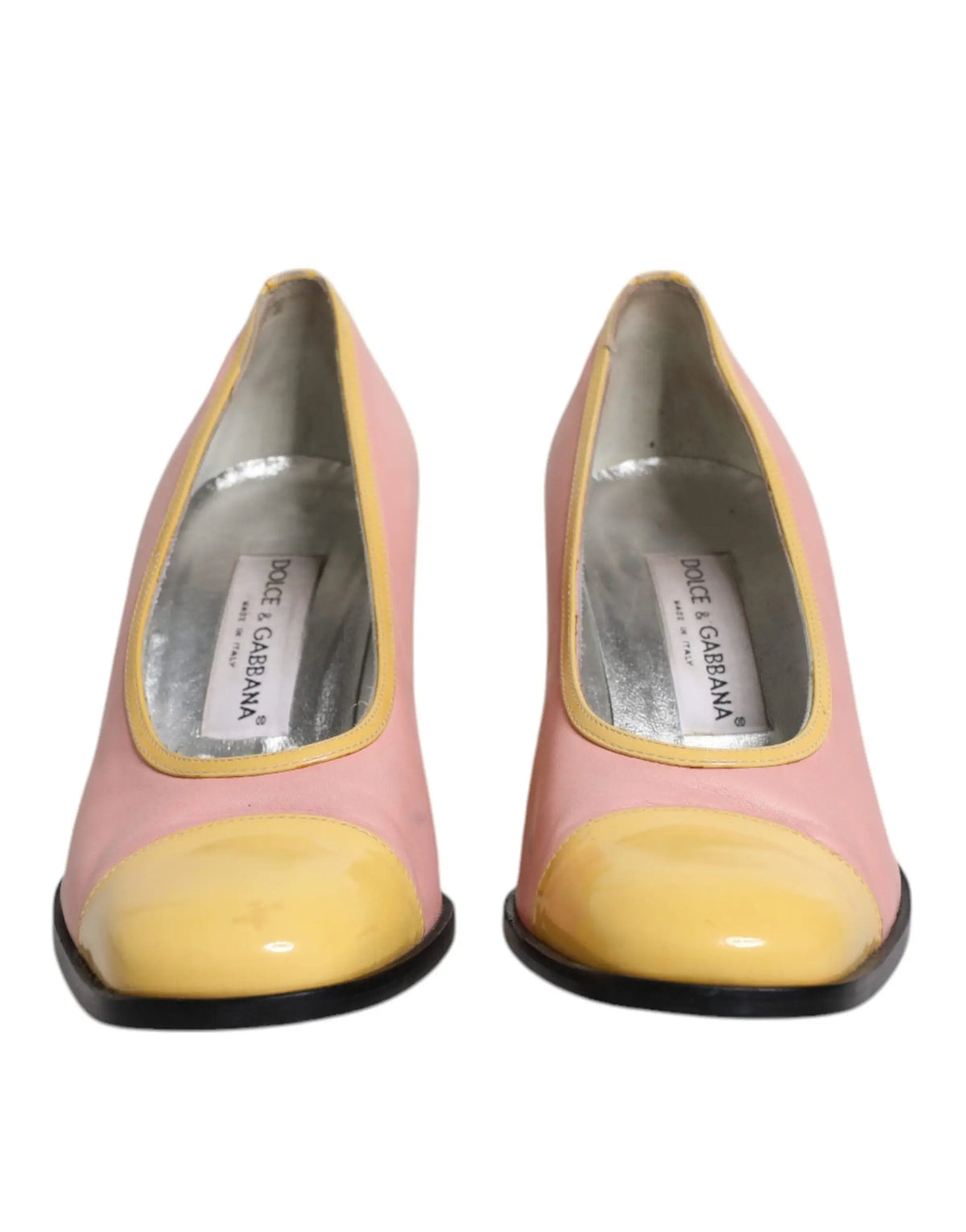 Escarpins à talons bloc en cuir verni rose pastel et jaune de Dolce & Gabbana