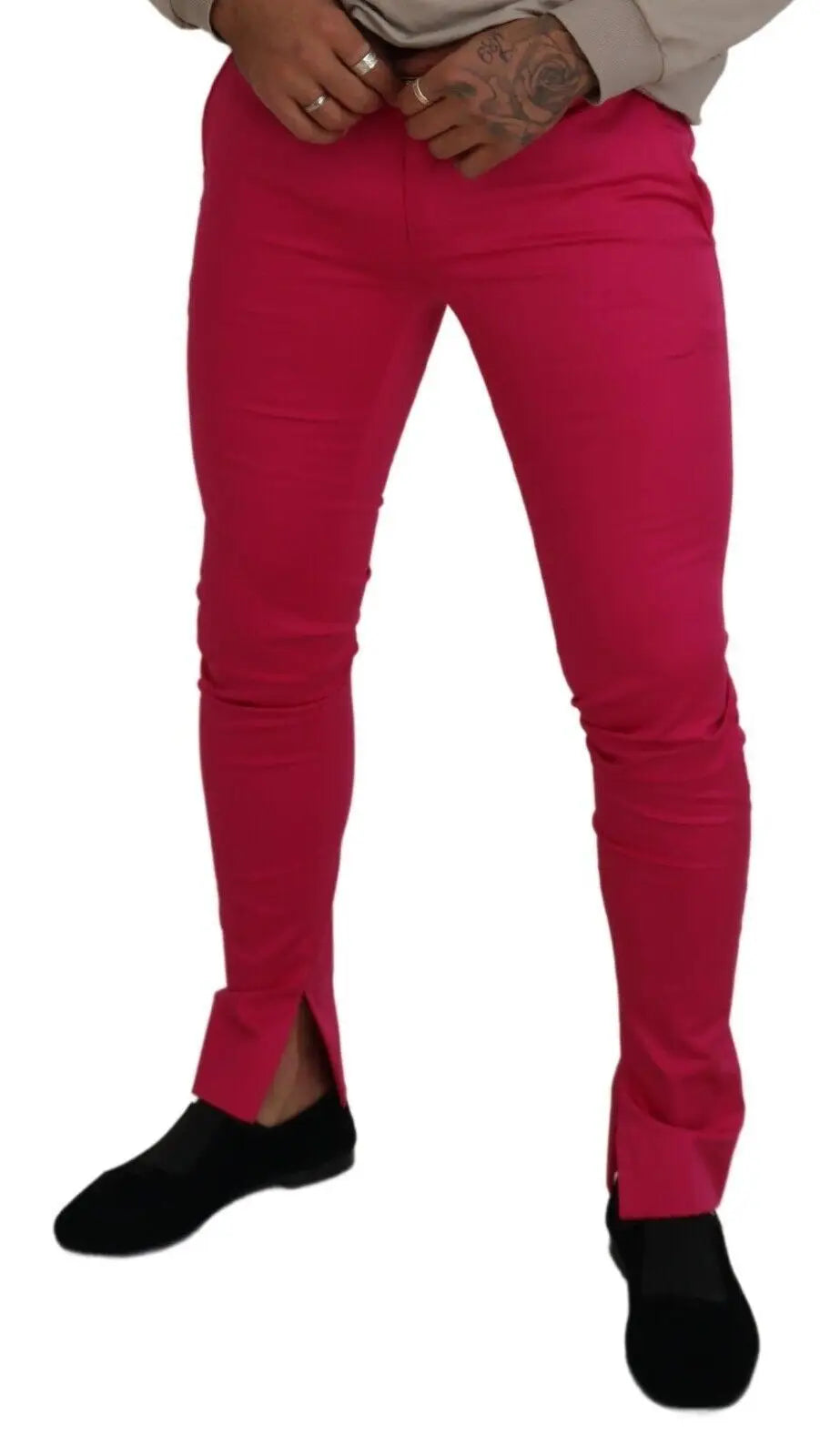 Pantalon slim fuchsia brillant dolce gabbana avec fermeture éclair et boucle taille et fente aux chevilles