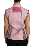 Dolce & gabbana gilet sans manches en cuir agneau rose avec accents floraux et fermetures éclair sur les côtés