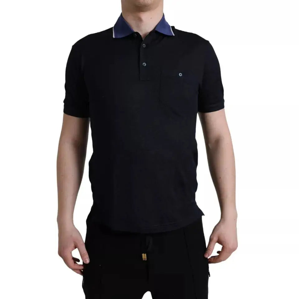 Polo homme dolce & gabbana en soie noir à manches courtes avec col bleu marine contrasté et logo brodé au torse