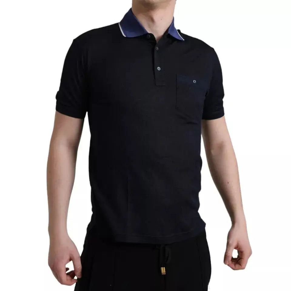Polo dolce & gabbana homme en soie noire manches courtes col bleu marine avec poche assortie texture piquée