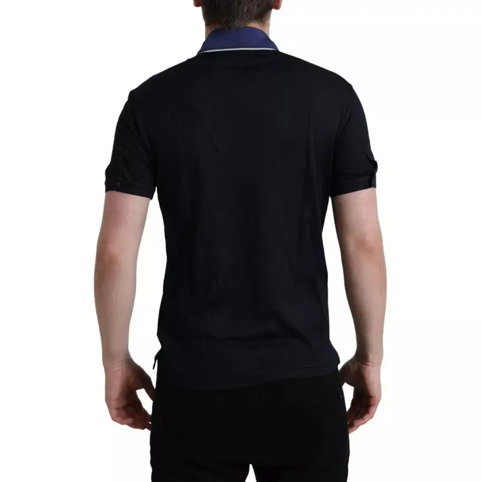 Polo homme dolce & gabbana en soie noir à manches courtes avec col bleu marine et bord blanc