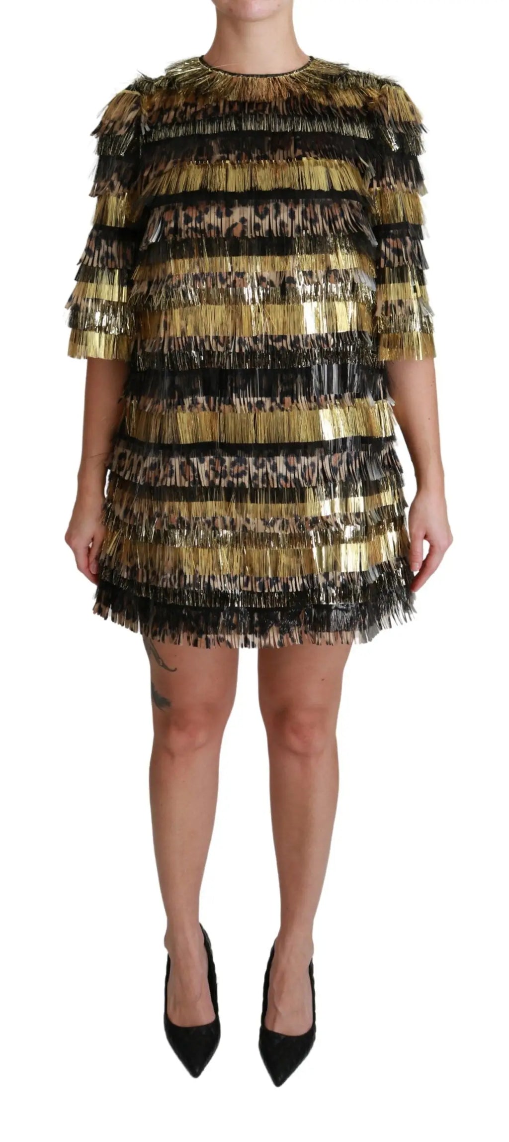 Robe courte dolce & gabbana en polyester noir et or avec franges superposées motif léopard et ourlet asymétrique