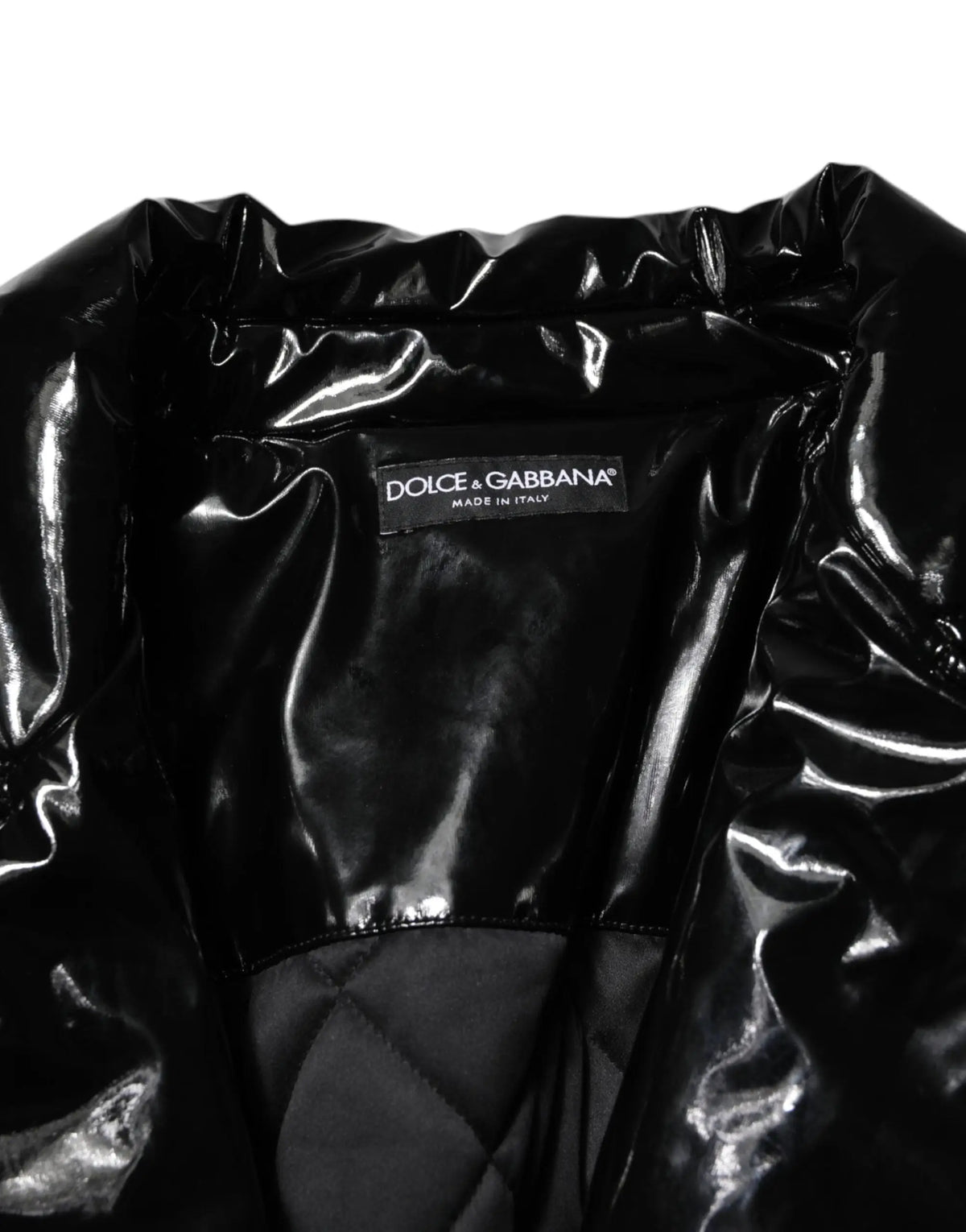 Manteau matelassé noir dolce gabbana en polyester avec doublure intérieure en cuir verni brillant