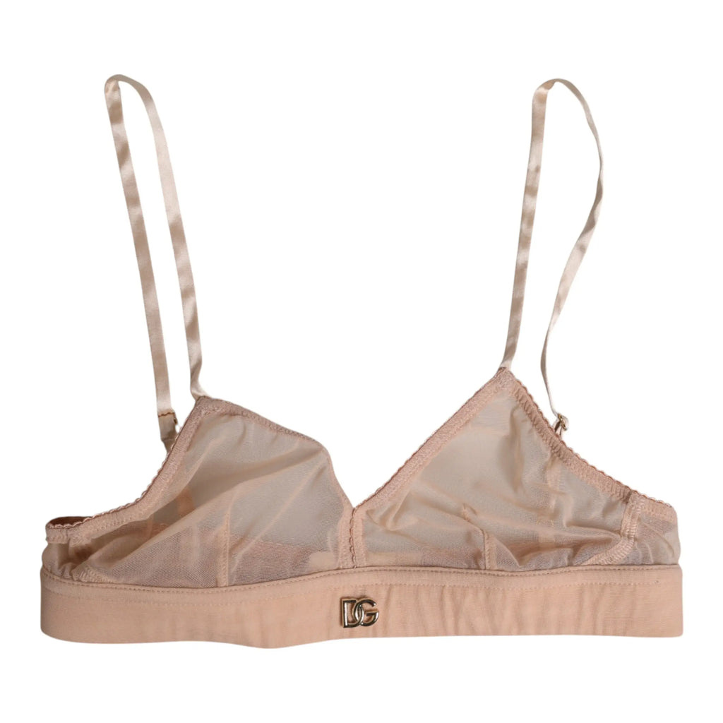 Soutien-gorge beige en mesh transparent avec bretelles satinées et plaque logo dg dorée dolce & gabbana