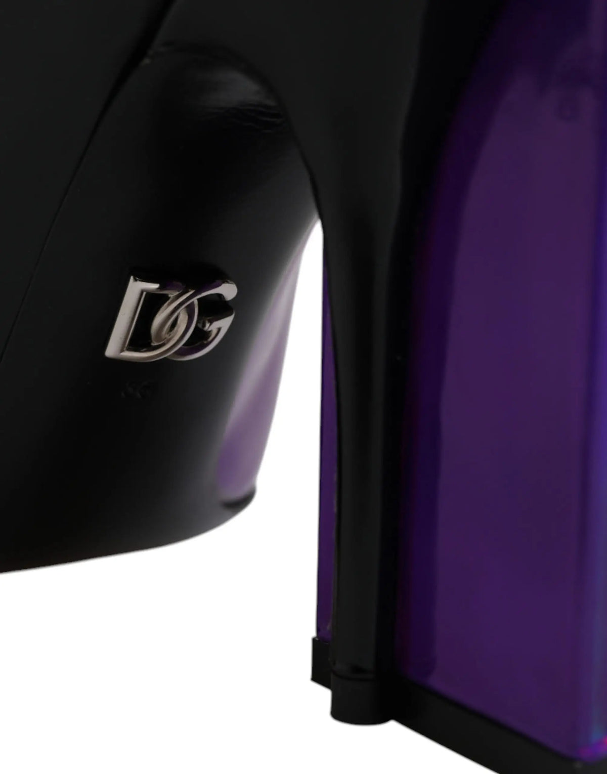 Bottes noires à talon transparent violet avec finition brillante et logo argenté dg de dolce gabbana
