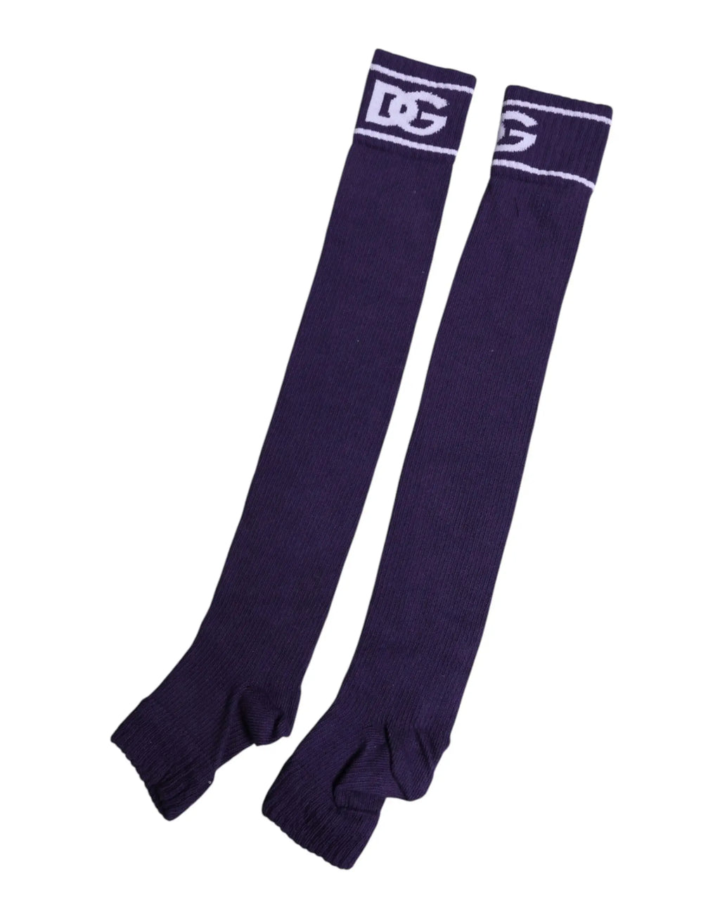 Chaussettes open toe en coton violet dolce gabbana avec logo dg blanc et bord blanc sur fond bleu marine