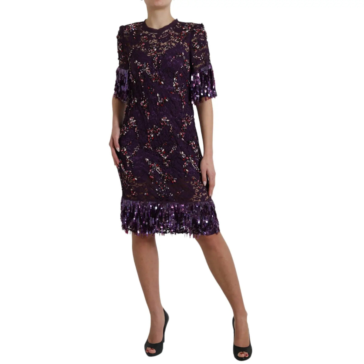 Dolce & gabbana robe violette en dentelle florale avec sequins cristallisés et ourlet à franges