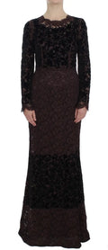 Robe longue noire en dentelle avec manches longues et jupe évasée dolce & gabbana purple floral lace ricamo maxi dress